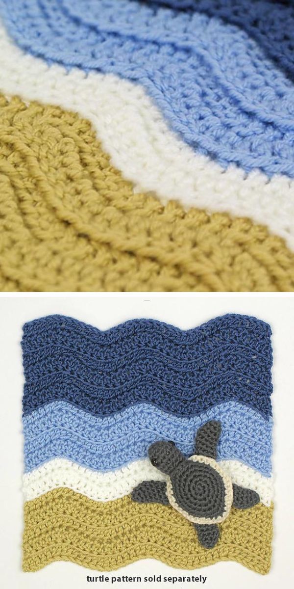 Crocheted ripple blanket with blue and sand-colored wavy patterns mimicking the sea, featuring a separate turtle appliqué.