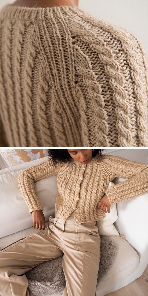 a woman wearing a light colored knitted crop cardigan featuring a cabled design