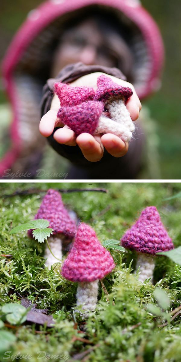 a person holding a bunch of crochet mushrooms with purple hats