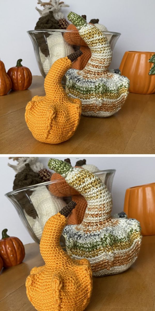 two crochet gourd amigurumi placed on a wooden floor