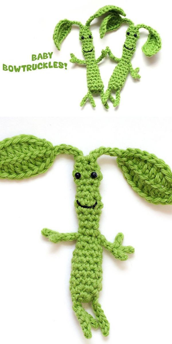 two green crochet baby Bowtruckle amigurumi referring to Harry Potter series