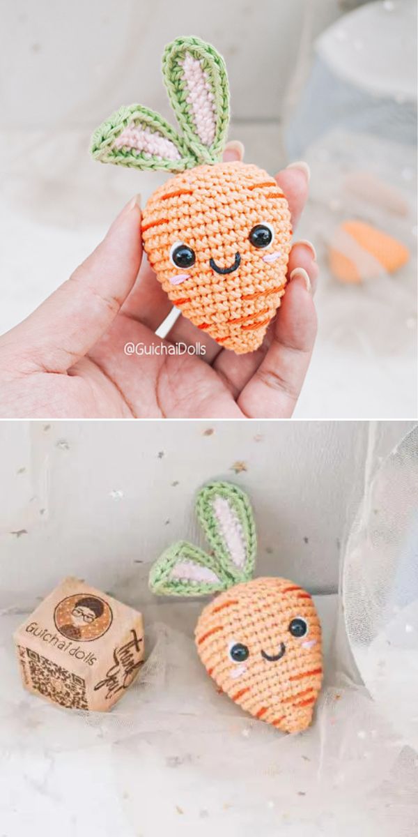 a crochet carrot amigurumi with bunny ears