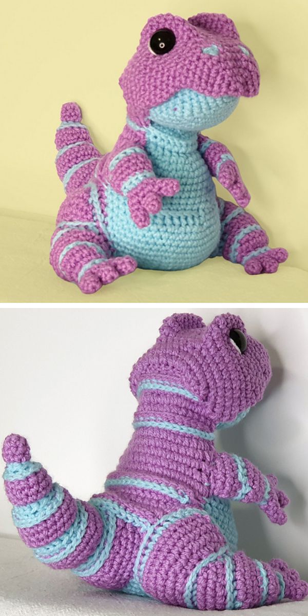 a purple crochet dinosaur