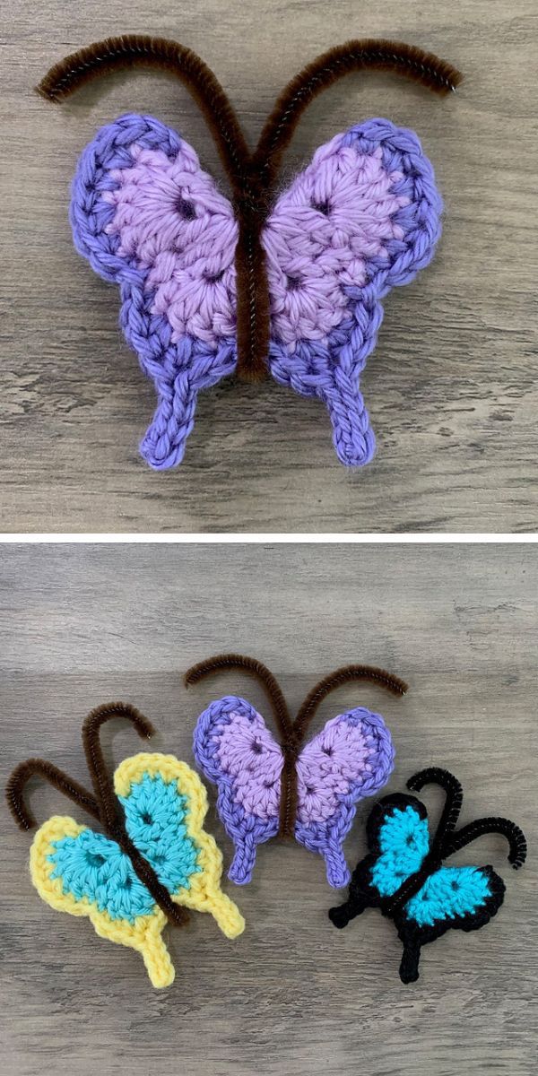 three colorful crochet butterflies on a wooden floor