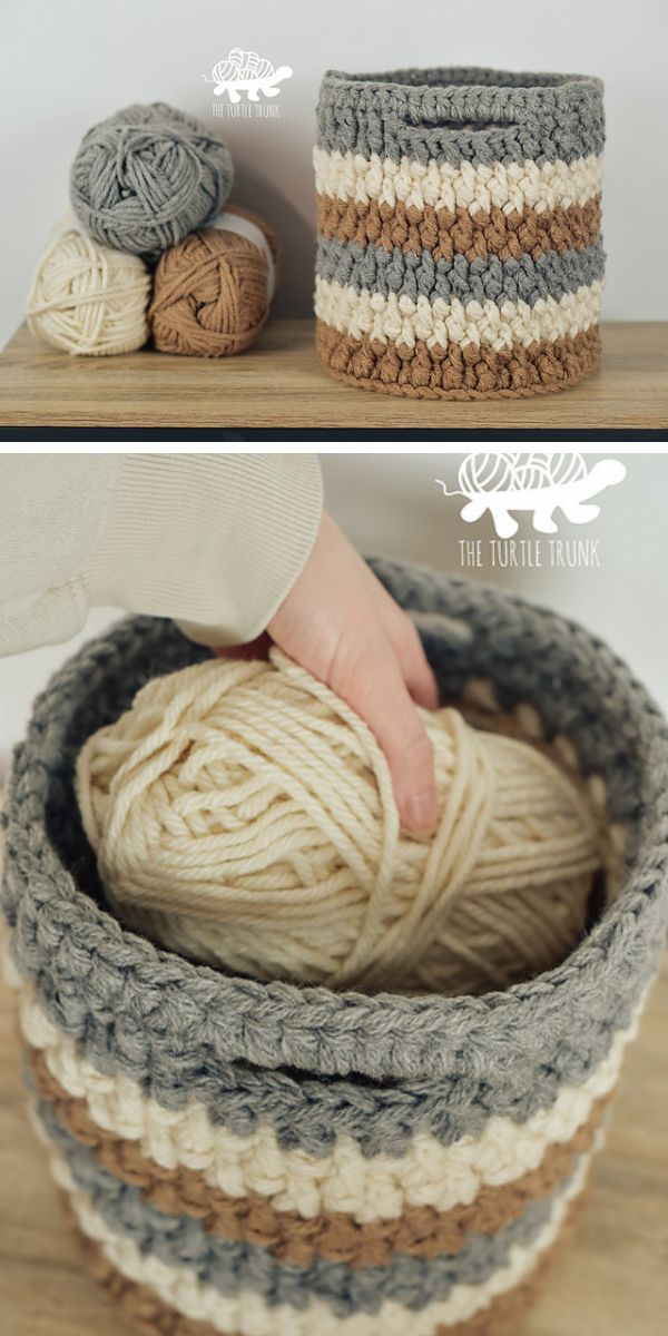 a striped crochet basket in a grey,cream, and brown color