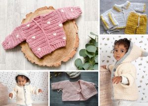 A collage of images showing various handmade baby sweaters in different colors and designs.