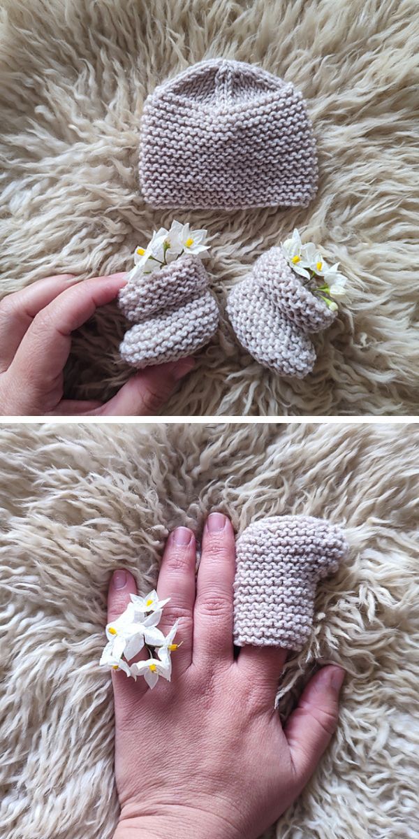 a knit baby hat and a pair of knit baby booties in a soft pink color