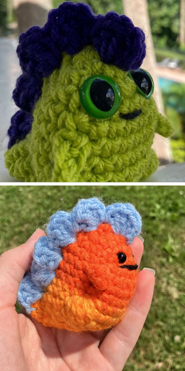 a cute crochet dinosaur with big eyes