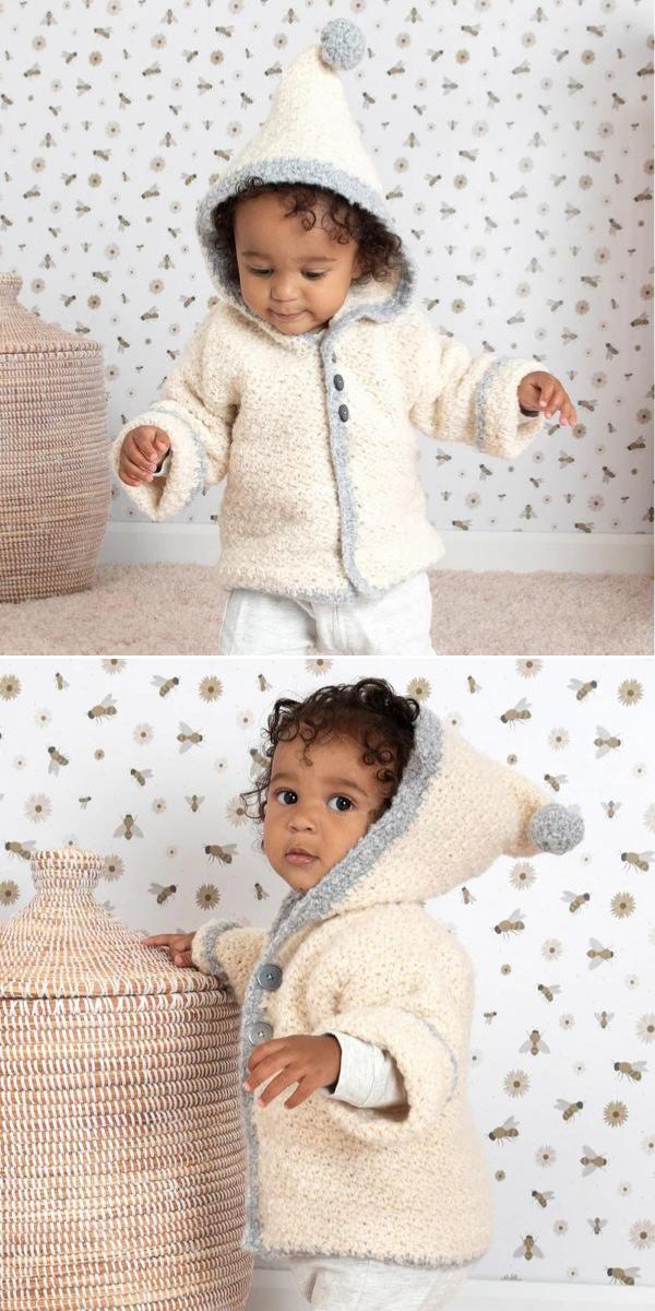 a baby wearing a crochet hooded jacket with buttons in a cream color