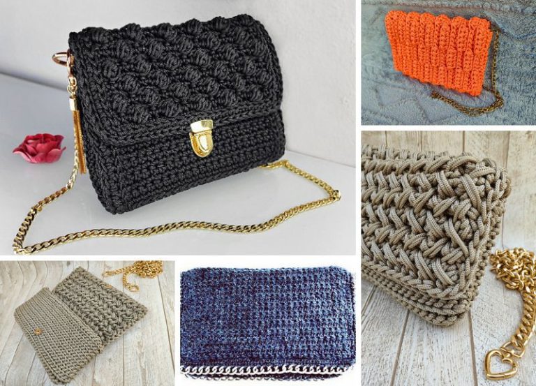 a collage of crochet clutch bags