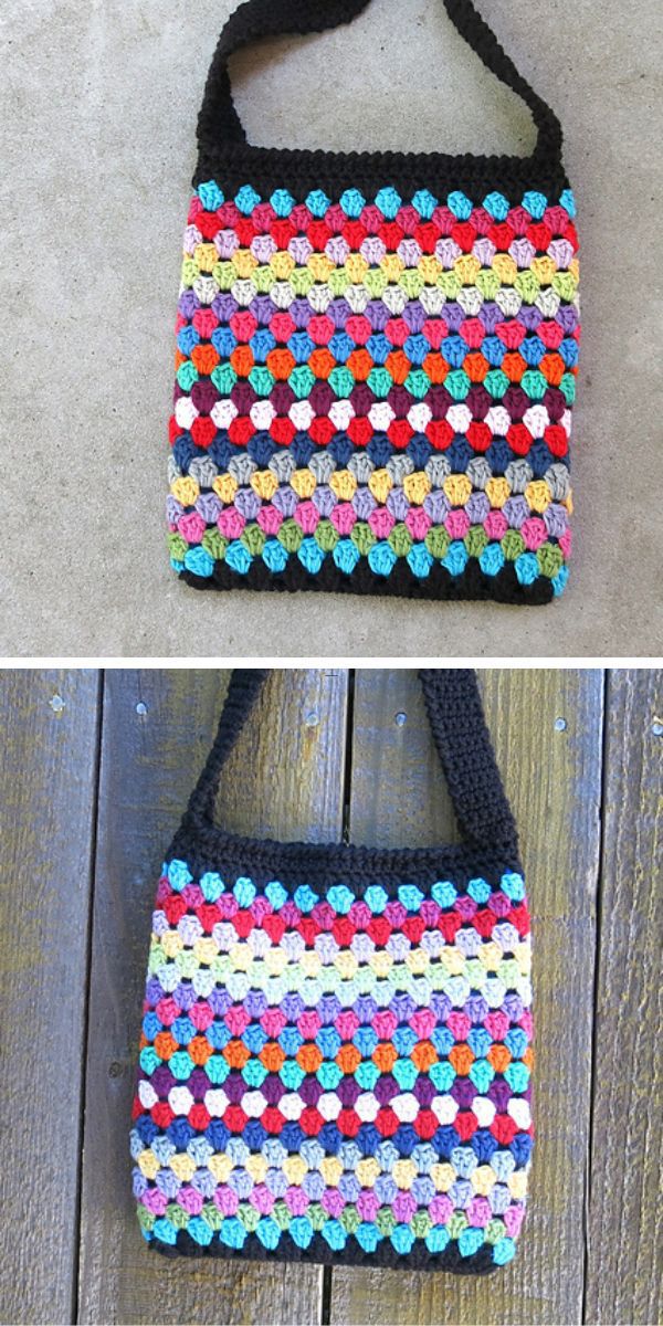 a colorful crochet bag made with a granny stitch