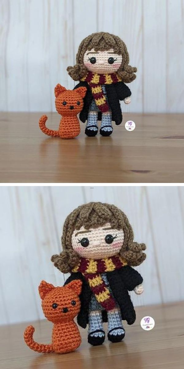 Hermione Granger crochet amigurumi with a crochet cat