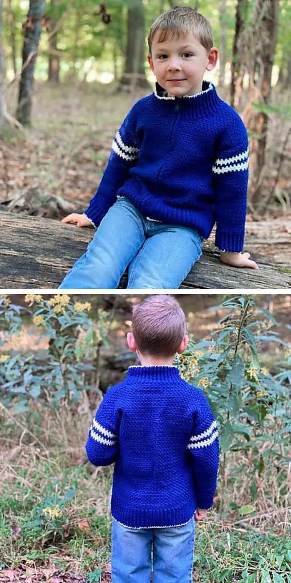 a boy wearing a navy blue crochet cardigan with a collar ribbing and zipper