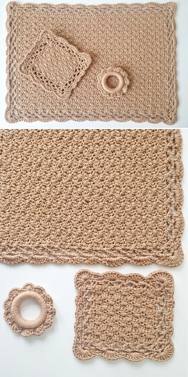 a large crochet placemat in a neutral color with a smaller one put on the top