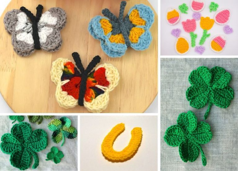 A collage of various crocheted items including butterflies, fruits, vegetables, and shamrocks on different backgrounds.