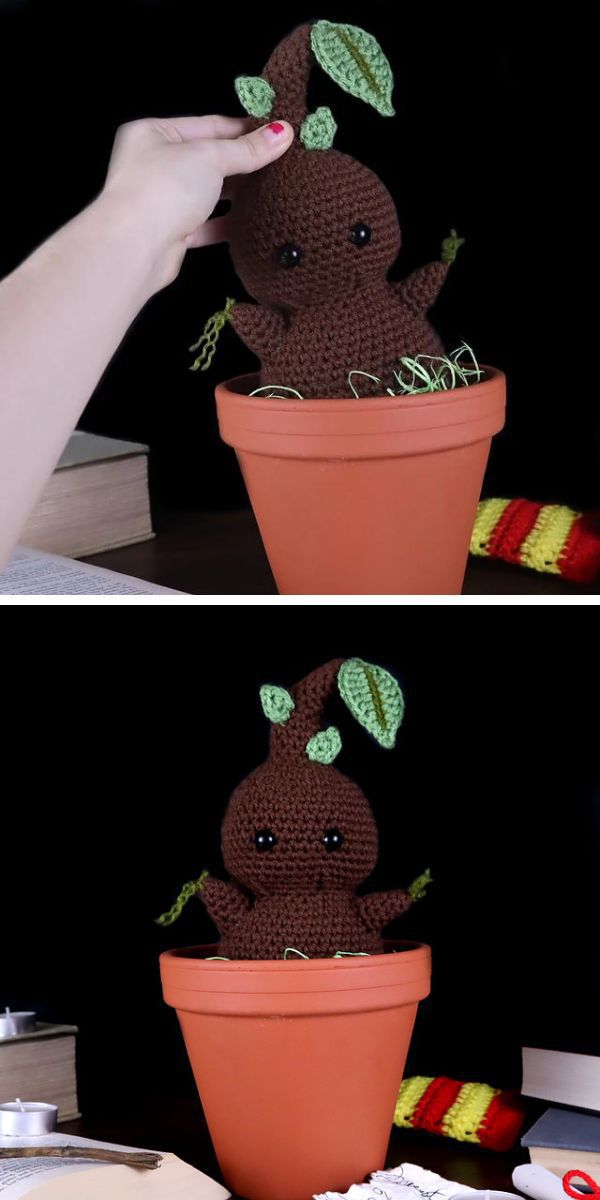 a person holding Mandrake plant amigurumi inspired by Harry Potter 