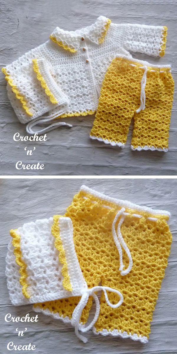 a crochet outfit set featuring baby cardigan, pants, and bonnet in white and yellow colors