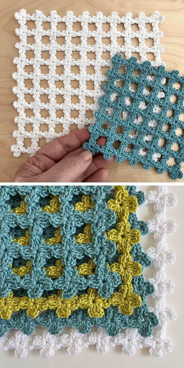 two crochet mats with small flower motifs in two different sizes and colors laid on a table