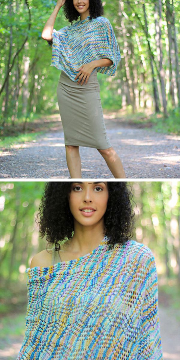 a woman wearing a skirt and knitted openwork poncho with a multicolored design