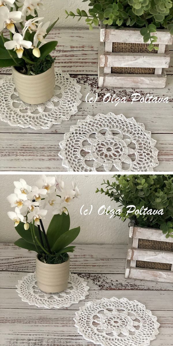 two crochet lace mini doilies with a flower motif laid on a wooden white table