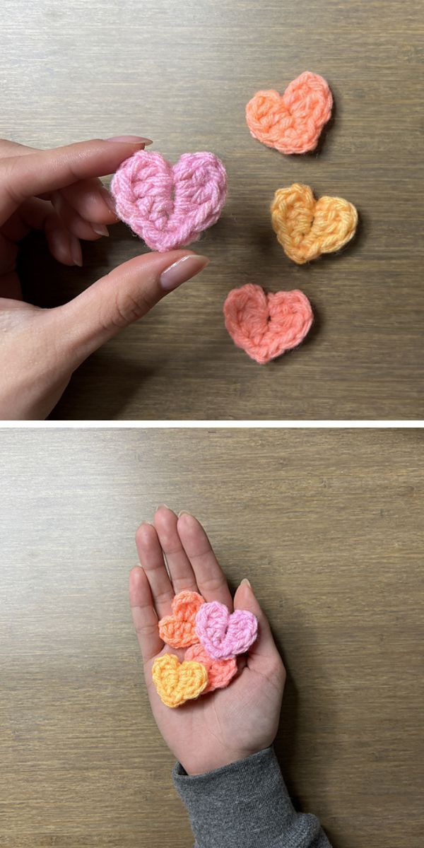 crochet heart appliques in different colors