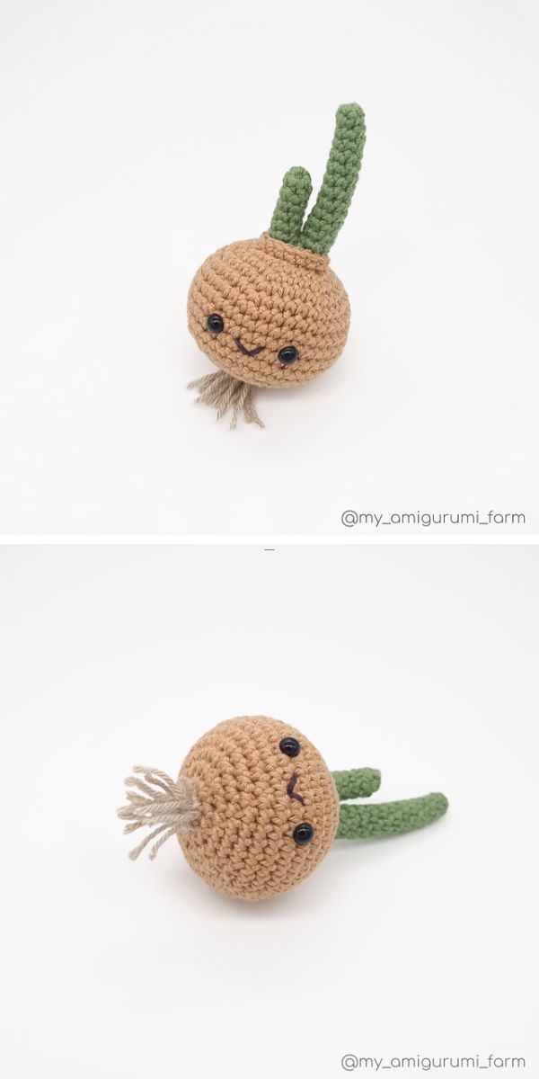 a crochet onion amigurumi with a smiley face