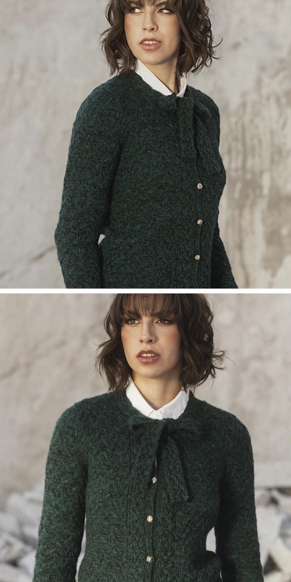 a woman wearing a dark green knitted cardigan with buttons and front tie at the neckline