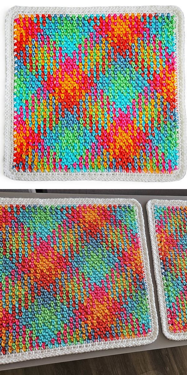 two crochet placemats featuring a colorful plaid design