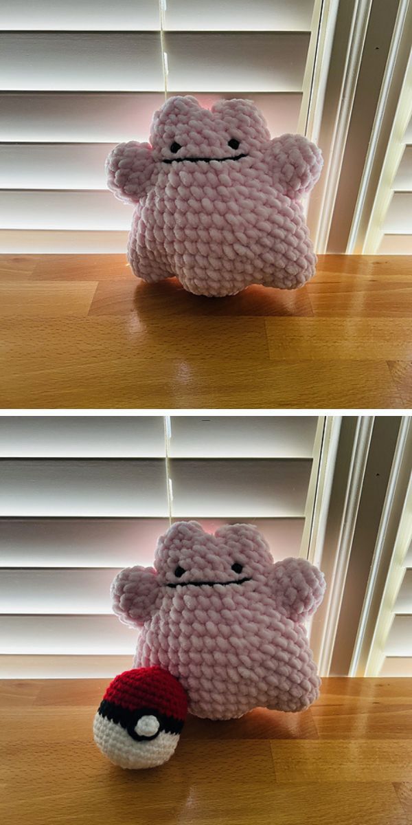 a crochet amigurumi portraying Ditto Pokemon