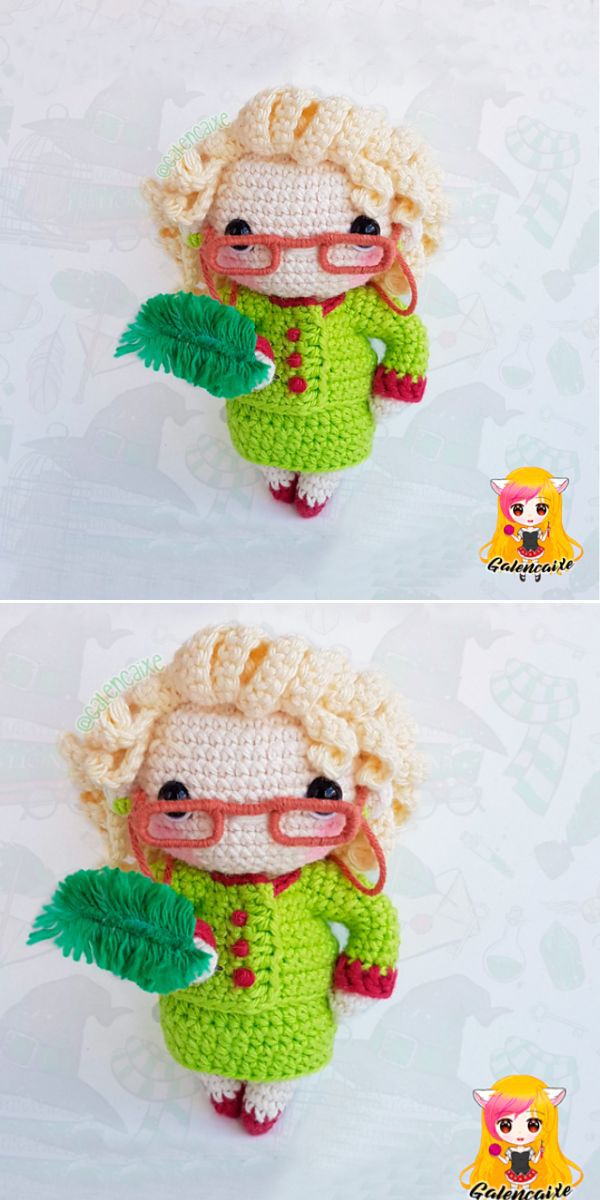 crochet amigurumi portraying Rita Skeeter from Harry Potter series