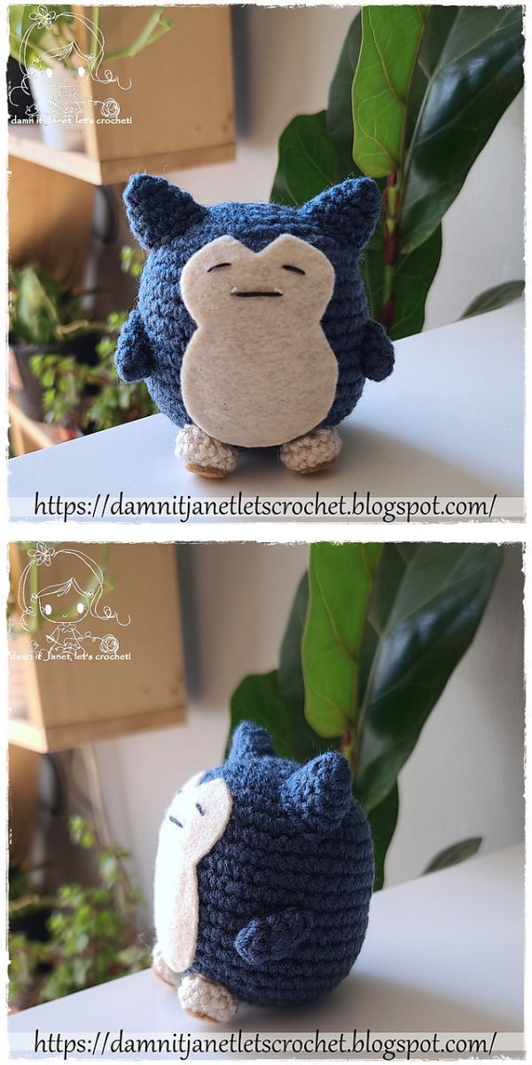 a crochet Snorlax Pokemon amigurumi laid on a white table