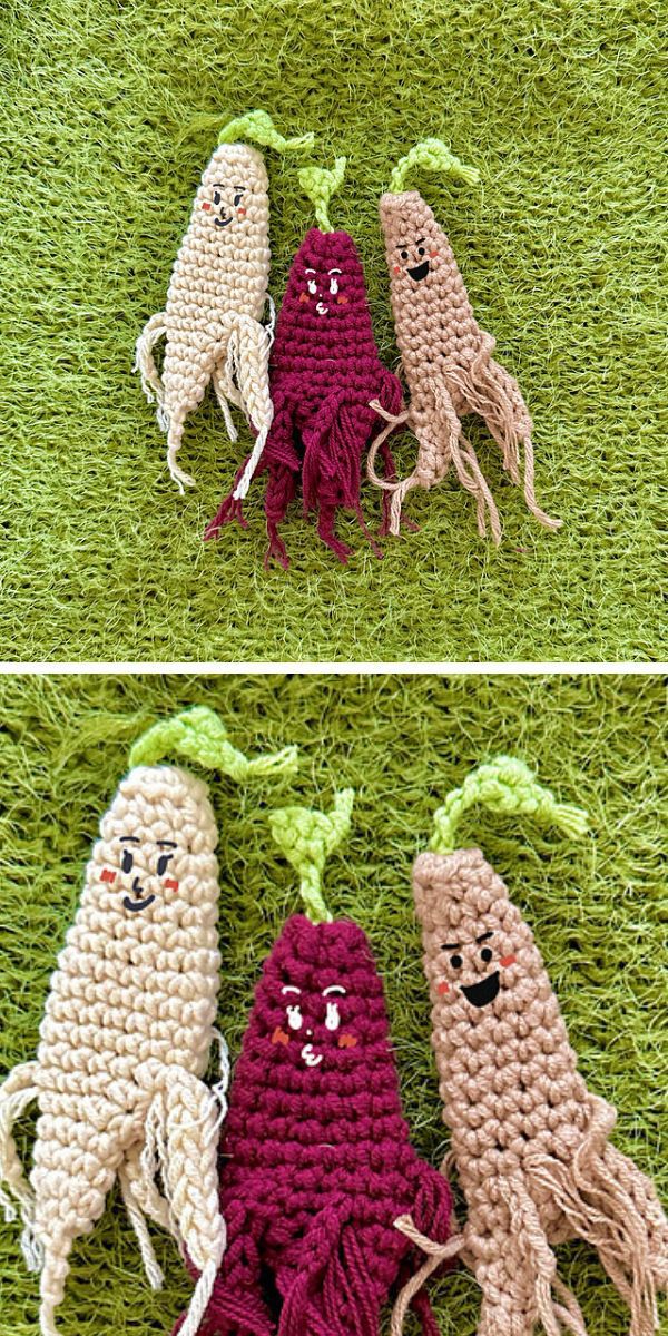 three crocheted vegetables laid on a grass carpet