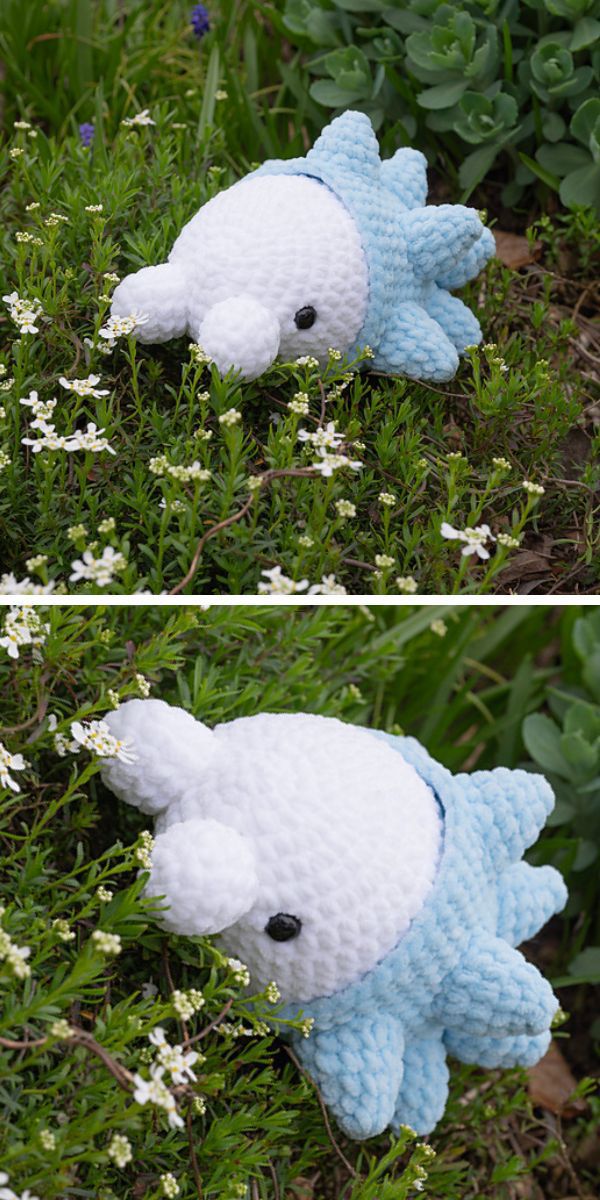 crochet Snom Pokemon amigurumi on a grass