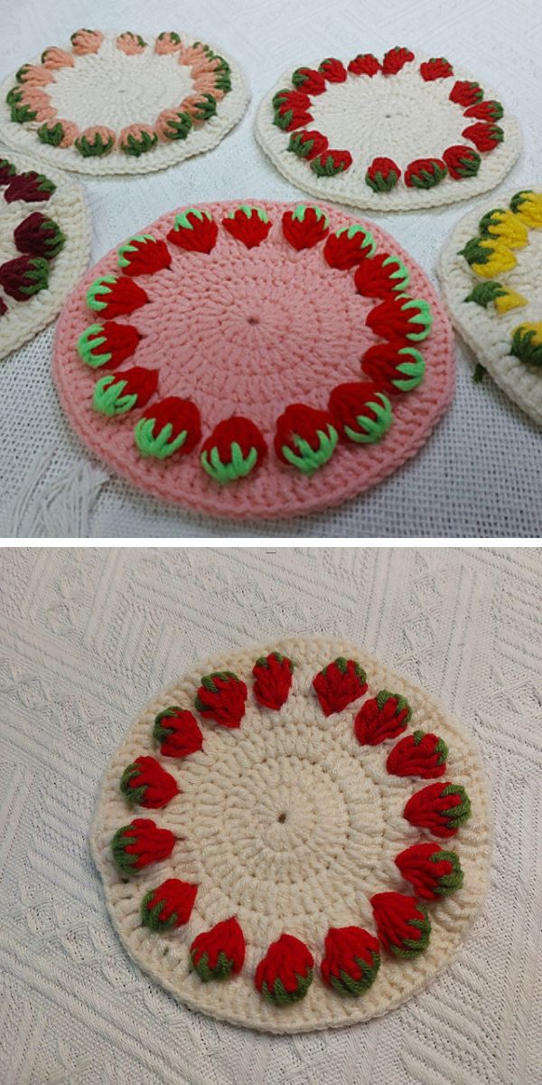 crochet coasters adorned with little strawberry appliques 