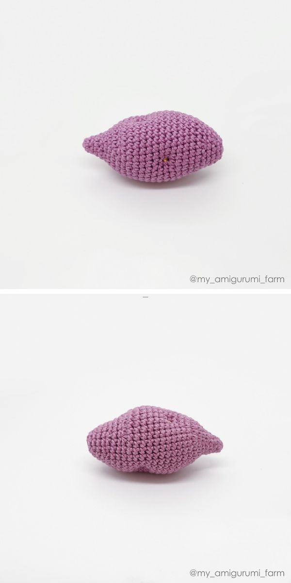 a crocheted sweet potato amigurumi in a purple color