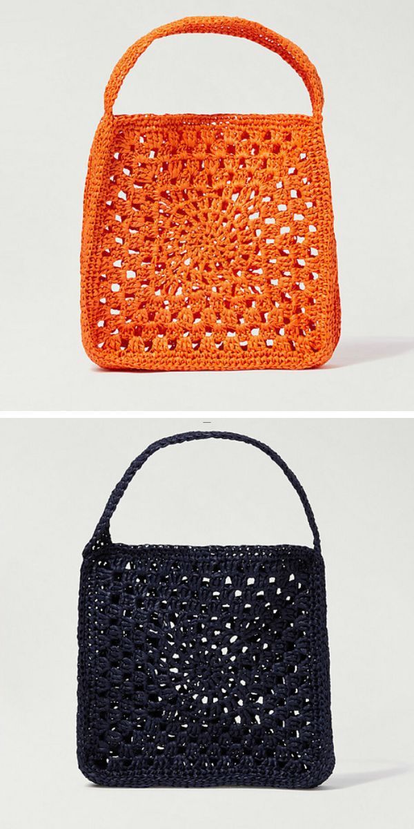 two crochet bags, one in orange and one in black, made of big granny squares