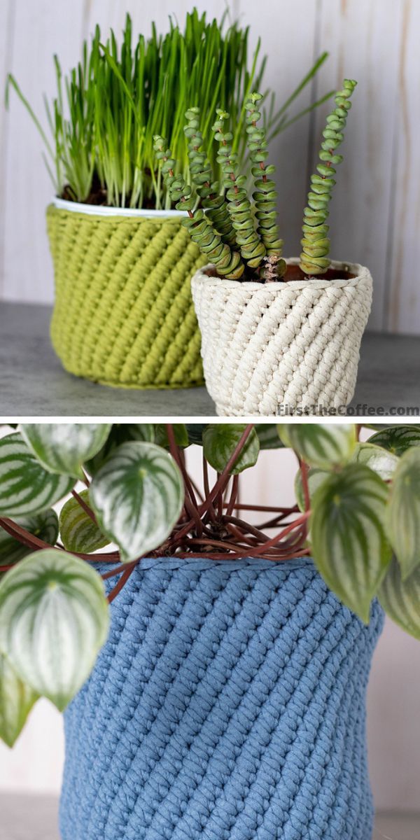 crochet plant pot covers in green, white and blue with real plants inside them