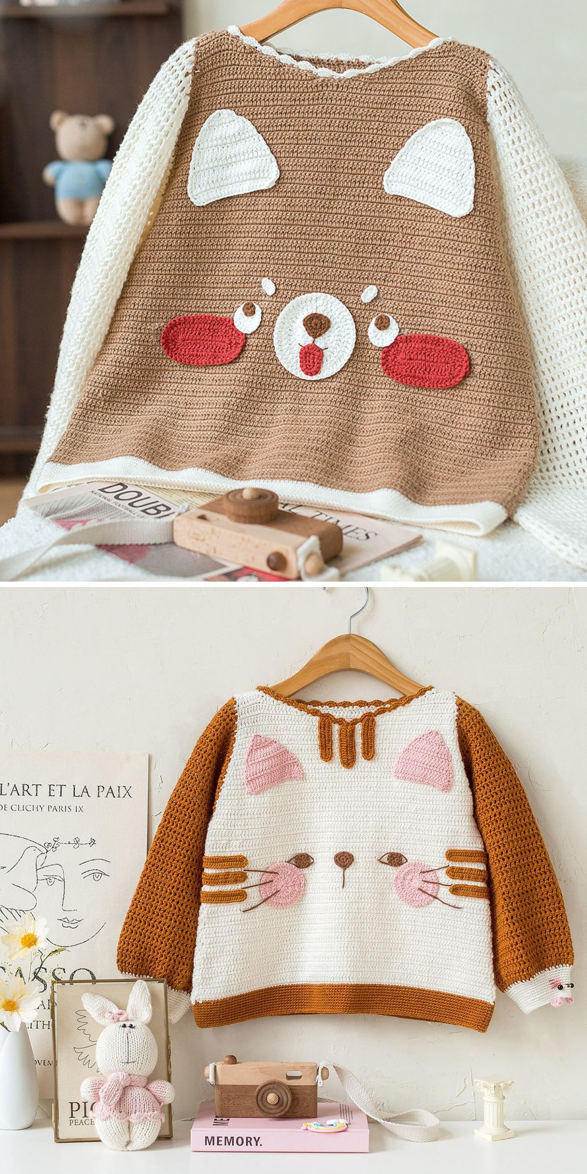 a crochet children’s sweater with a pet face design on it