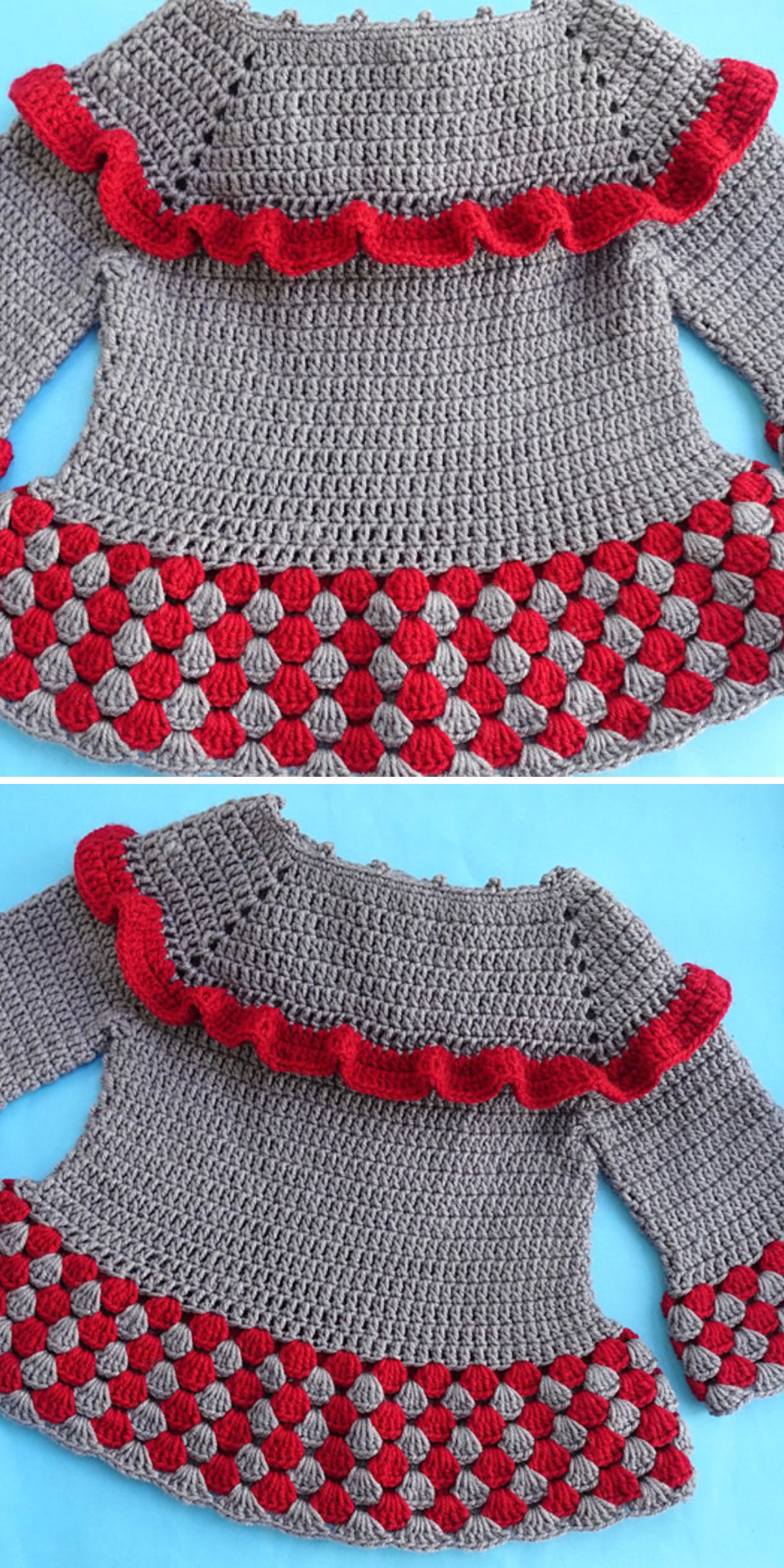 a crochet baby sweater with red ruffles