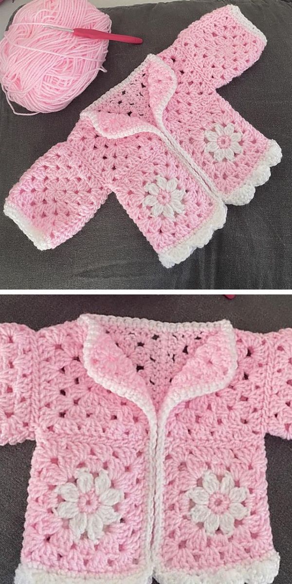 a crochet baby cardigan with flower granny squares in pink and white