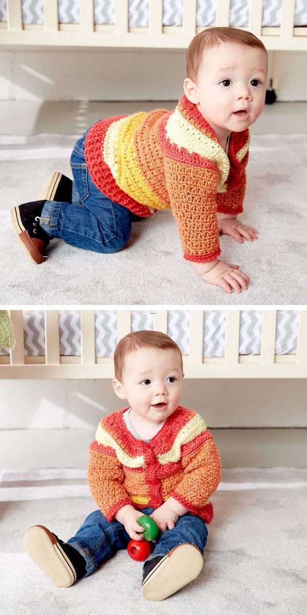 a vibrant crochet baby cardigan with buttons