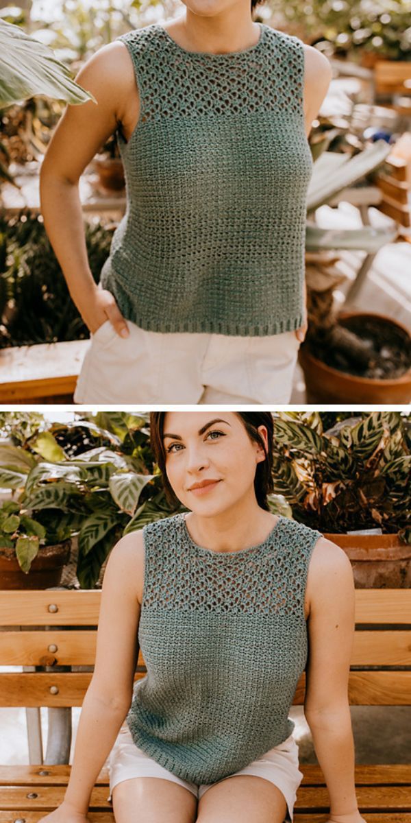 a woman wearing a crochet top with an intricate lace pattern at the neckline