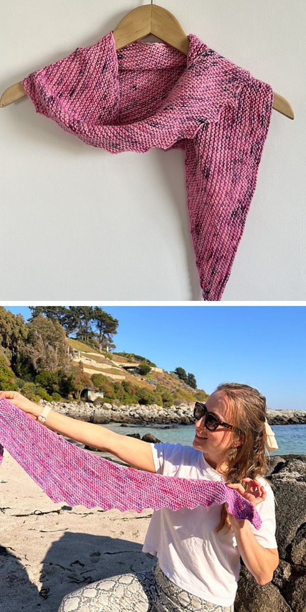 a knit shawl with a zig-zag edge in pink