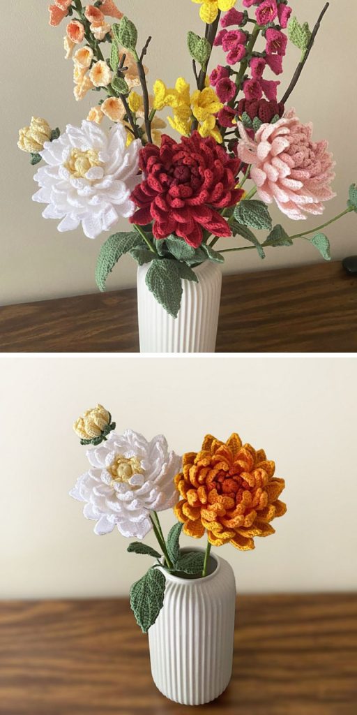 a bunch of crochet Dahlia flowers in a vase