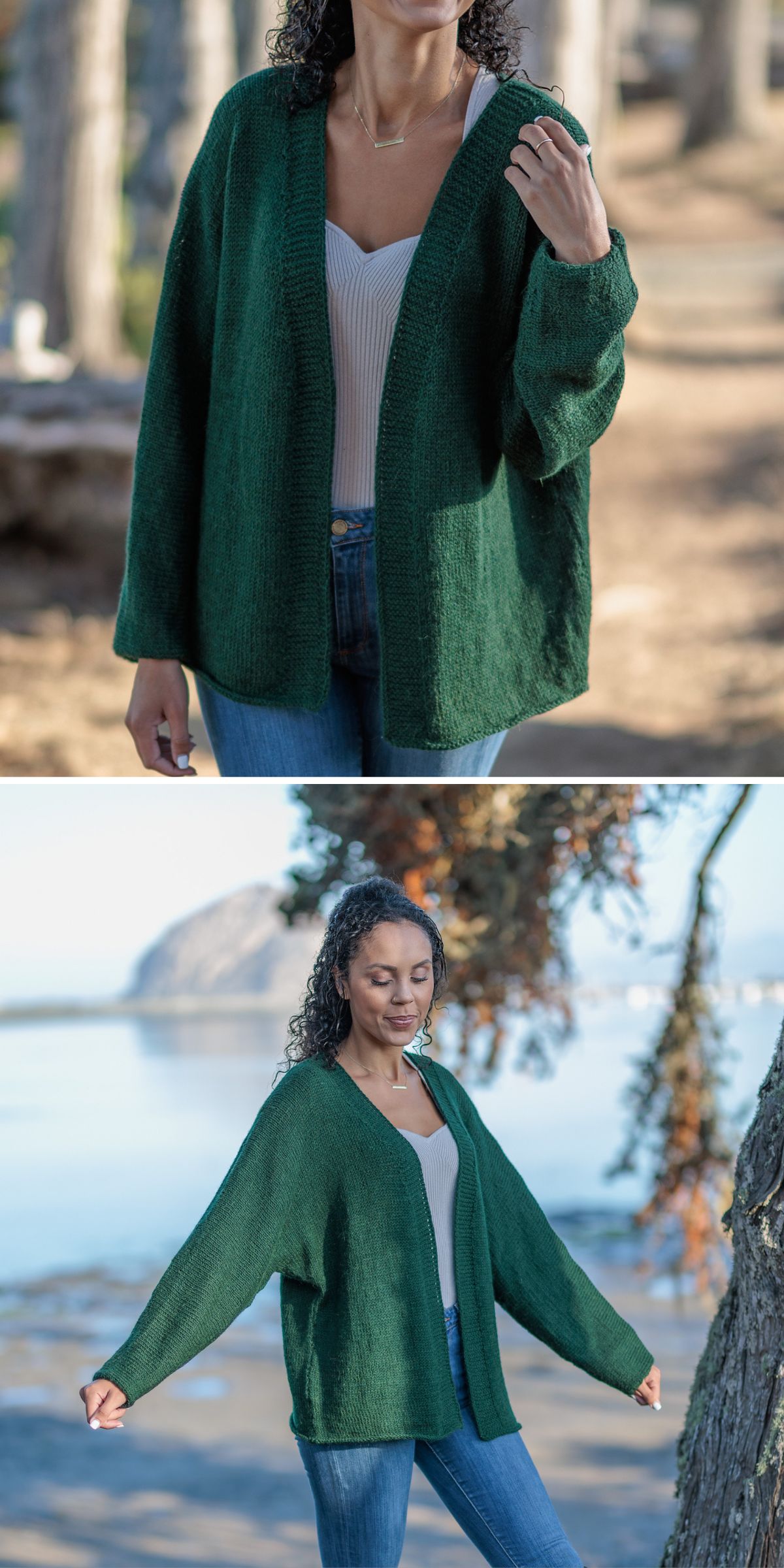 a green knitted cardigan with a relaxed fit