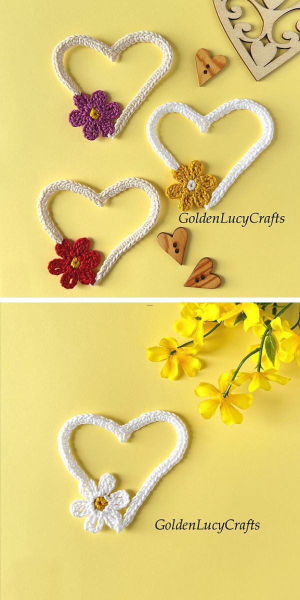 three crochet hearts appliques with a flower