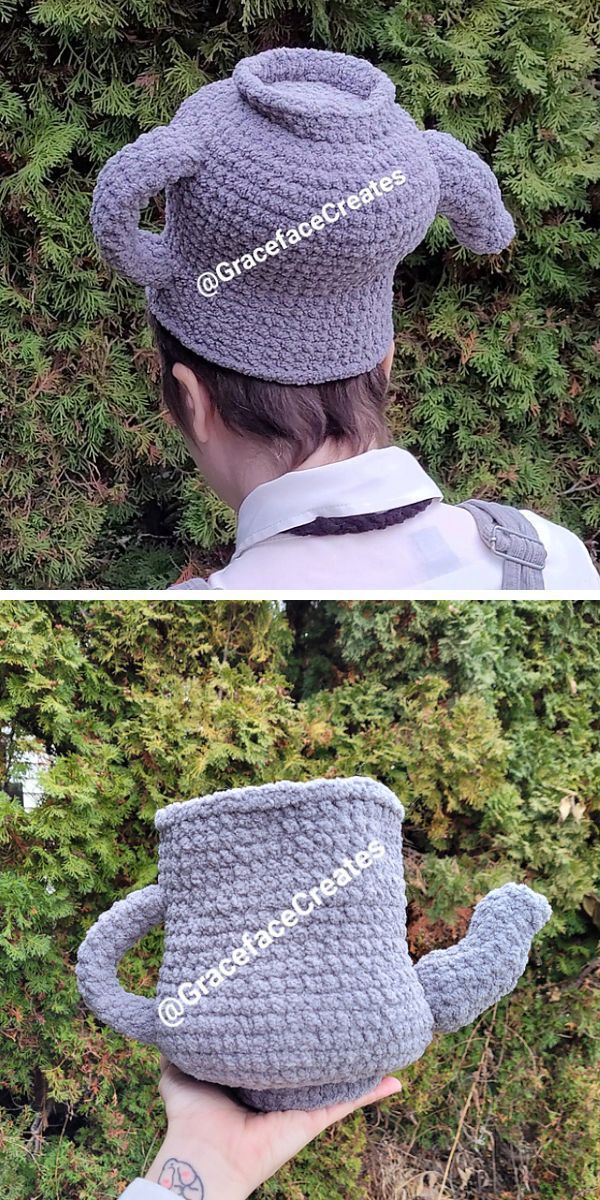 a funny crochet hat shaped like a teapot