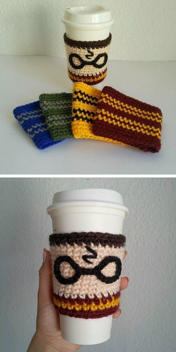 a crochet Harry Potter cup cozies in different colors