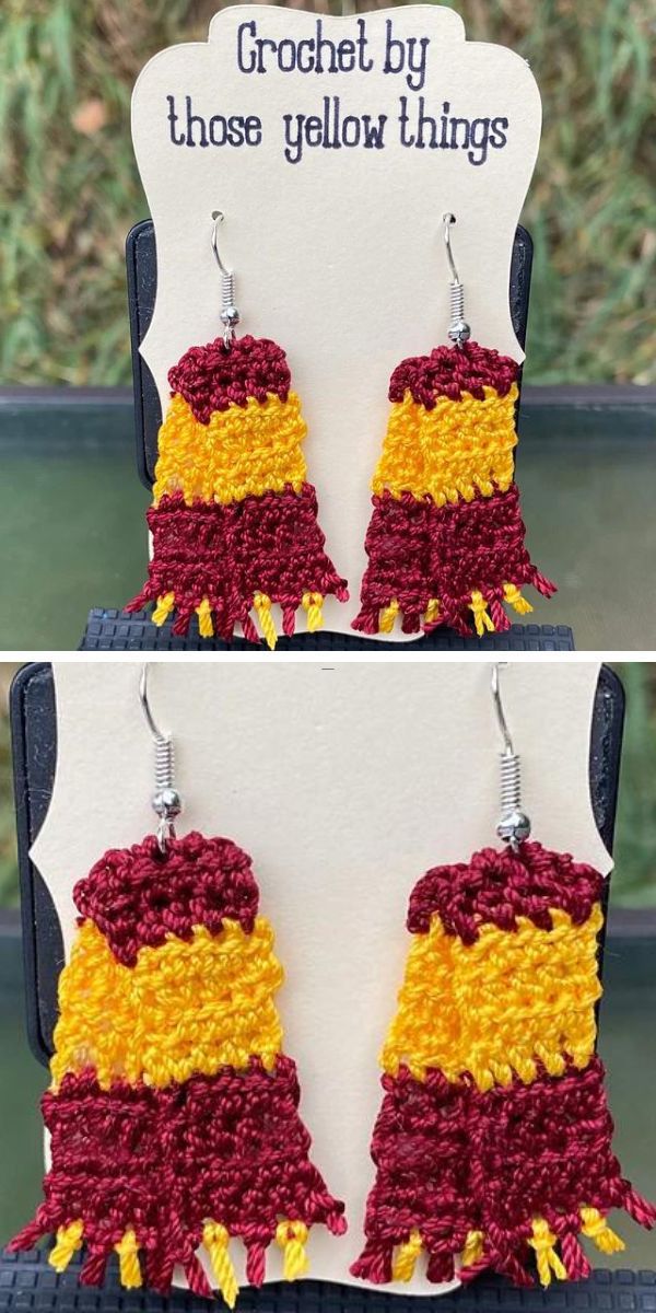 crochet earings shaped like scarves in yellow and red