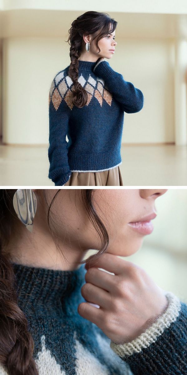 a woman wearing a knit sweater with a diamond pattern